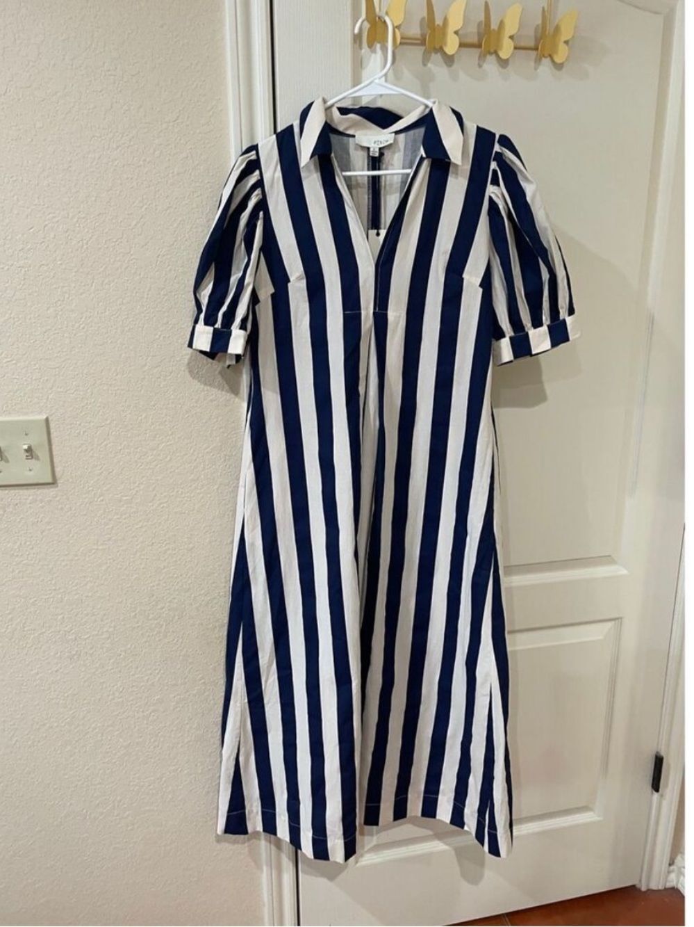 Pinch Navy and White Vertical-Stripe Midi Shirt Dress Size Small NWT